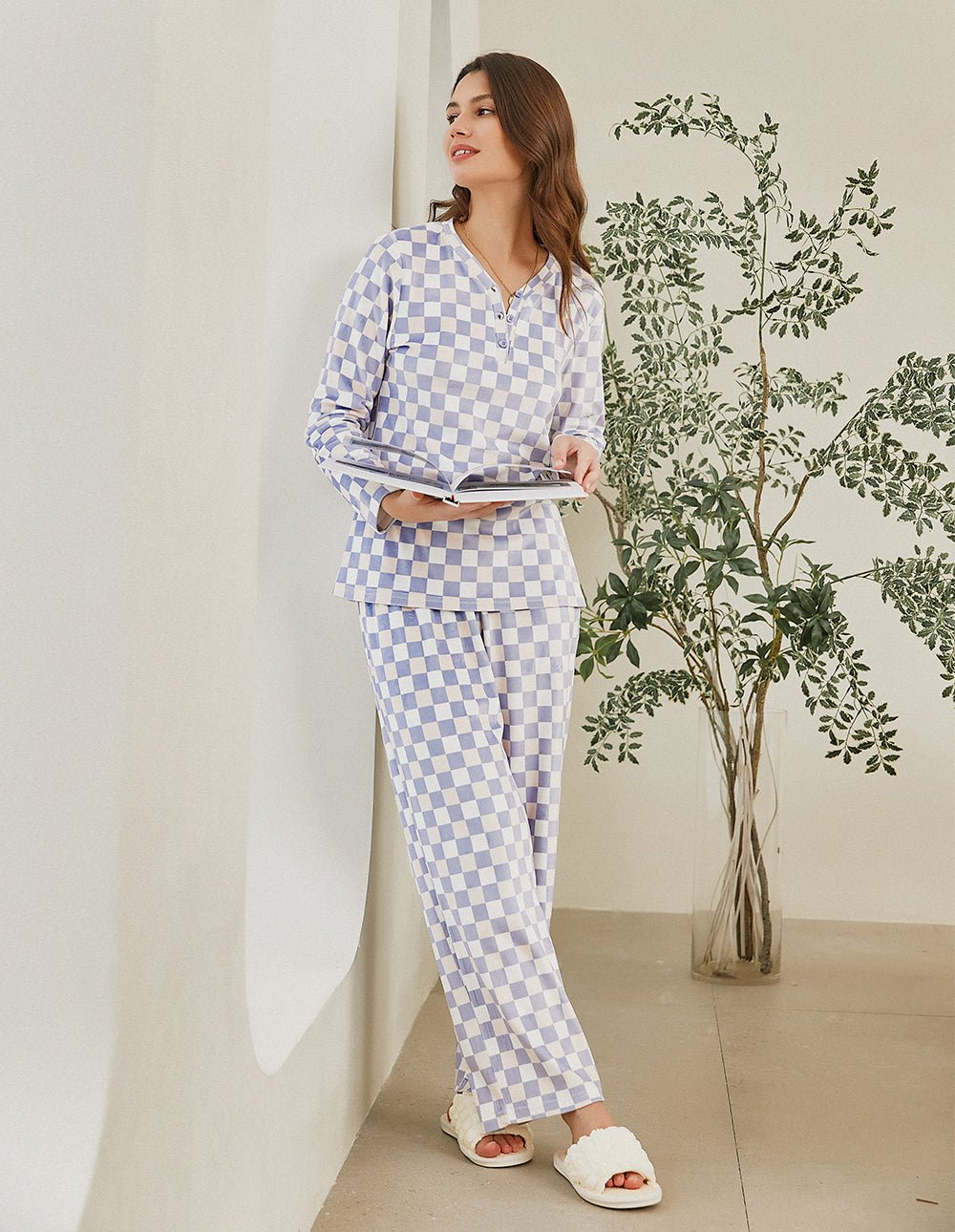 Women's pajama set with light blue check print, V-neck button shirt and tapered pants