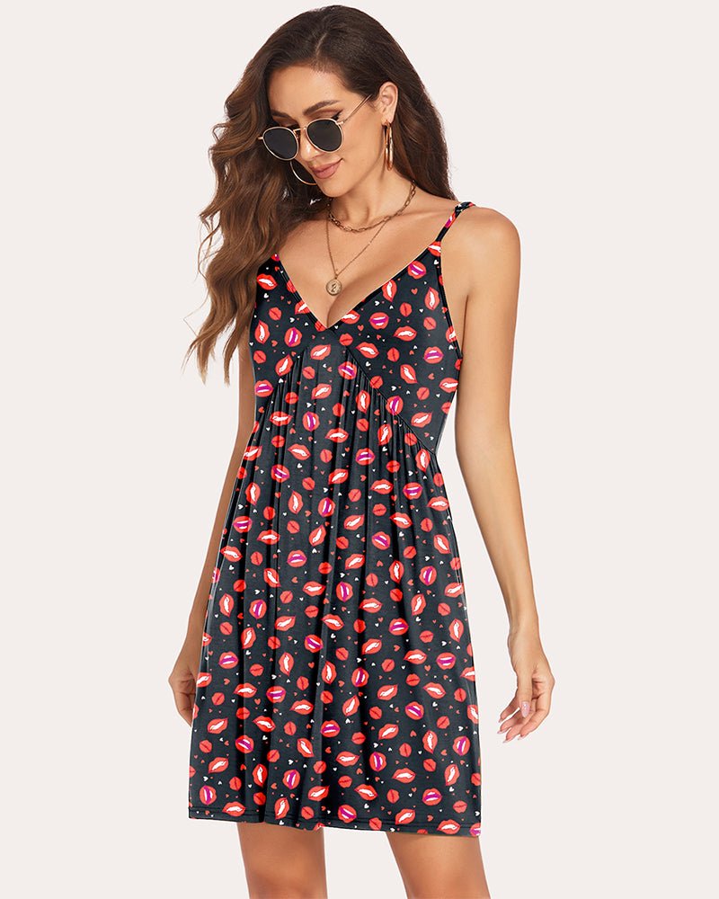 Women’s sleep slip nightgown, deep V-neck, spaghetti straps, all-over rose floral print.