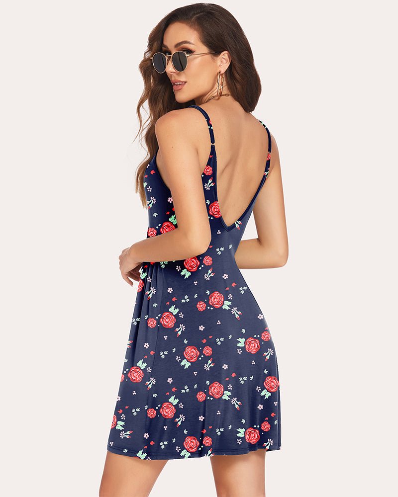 Women’s sleep slip nightgown, V-neck and thin straps, rose floral print, back view.