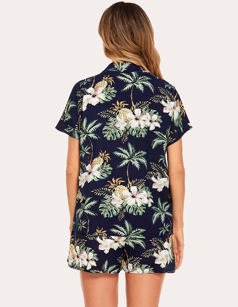 Woven short sleeve pajama set, tropical floral leaf print on dark navy, back view
