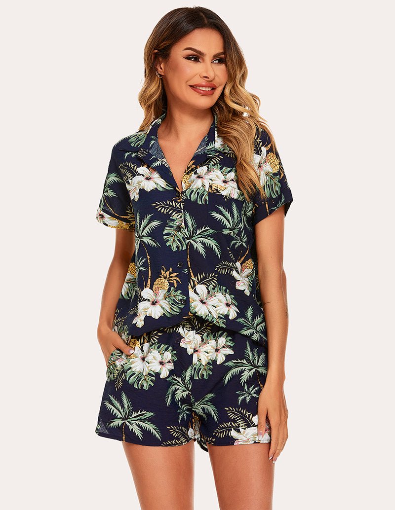 Woven short sleeve pajama set, dark navy tropical floral and palm print, front view