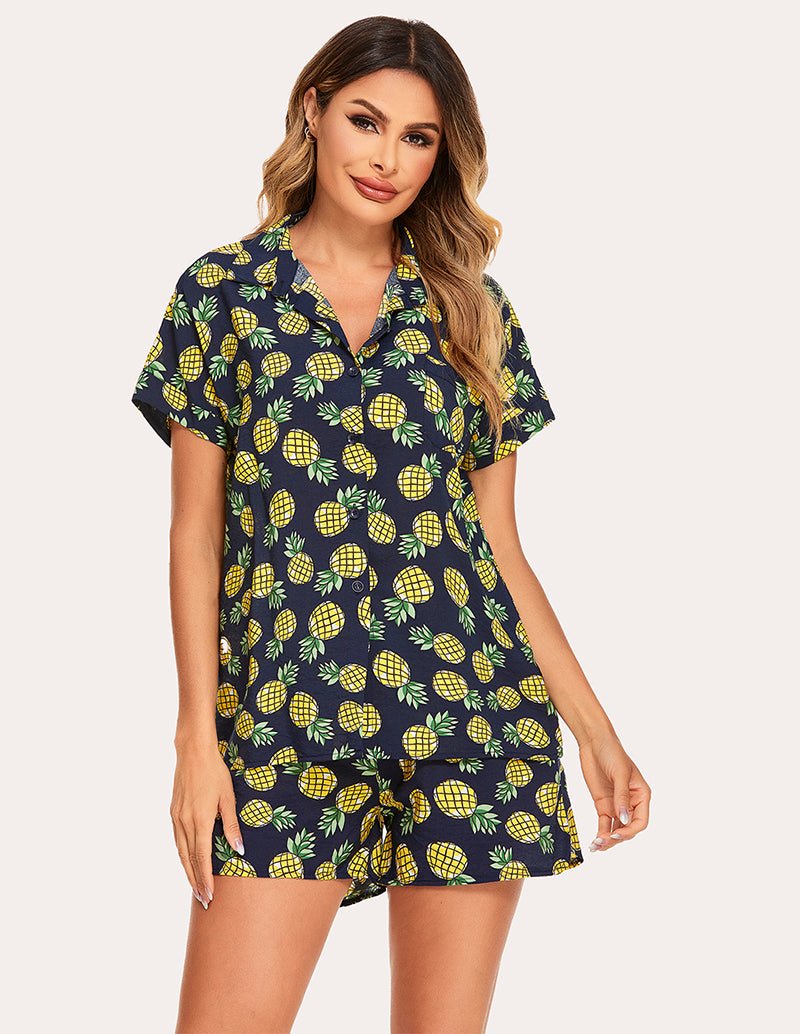 Woven short-sleeve pajama set in navy with green and yellow lemon print, collared top and shorts