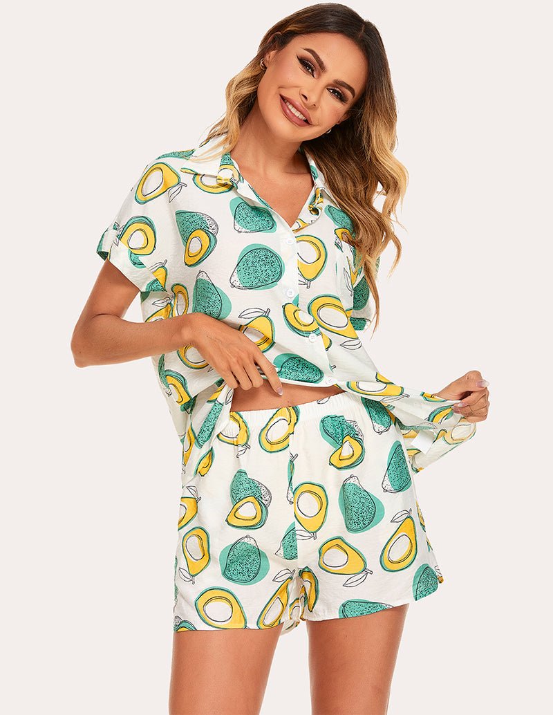 Woven short-sleeve pajama set with avocado print, loose-fit top and matching shorts