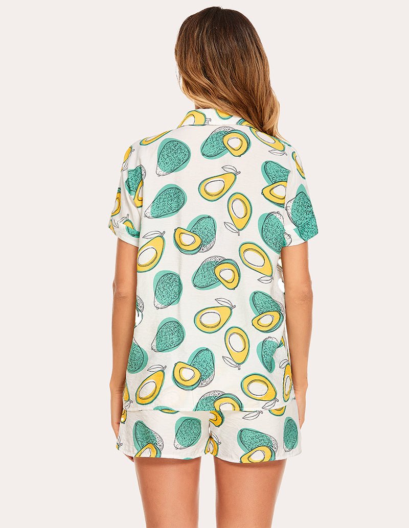 Woven short-sleeve pajama set, back view with repeating avocado print on top and shorts