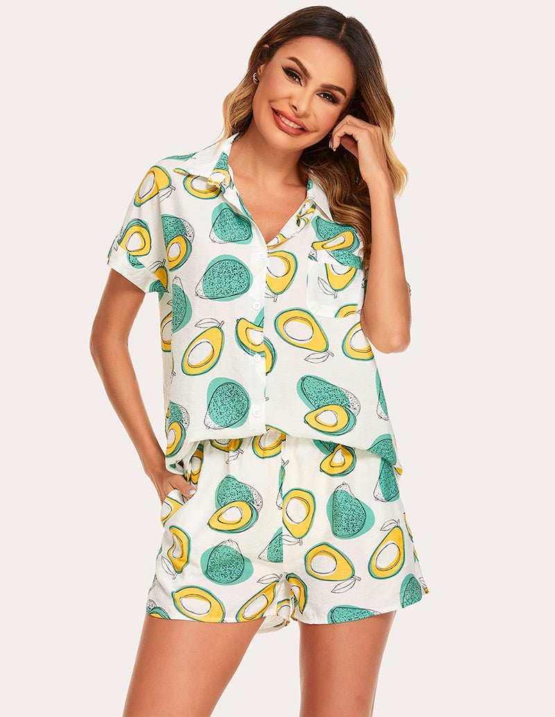 Woven short-sleeve pajama set with avocado print, collared top and elastic-waist shorts