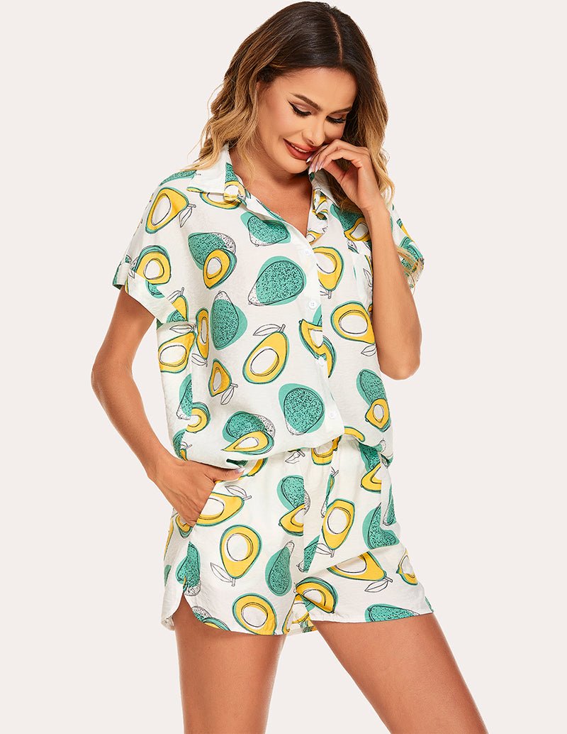 Woven short-sleeve pajama set with avocado print, side view of top with matching shorts