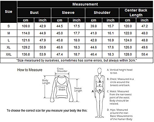 Measurement chart for robe nightgown sizes, including bust and length in cm/in