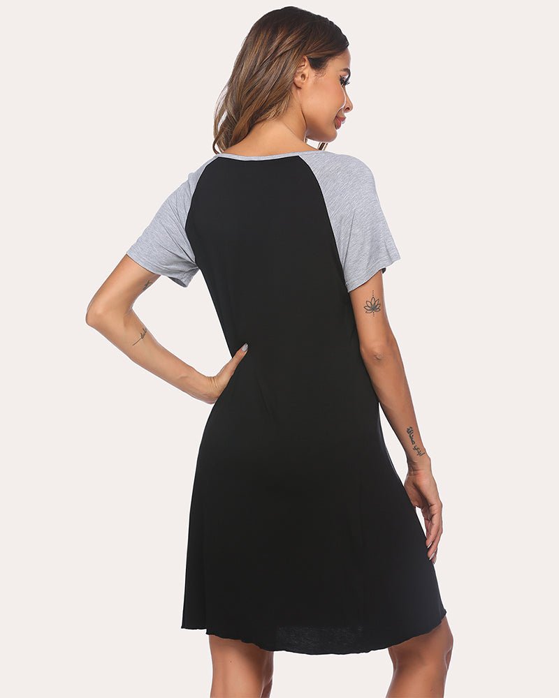 Ekouear Nachthemd vorne/hinten blick: weiter O-Neck, schwarze Partien, graue Kurzarmärmel (Black)
