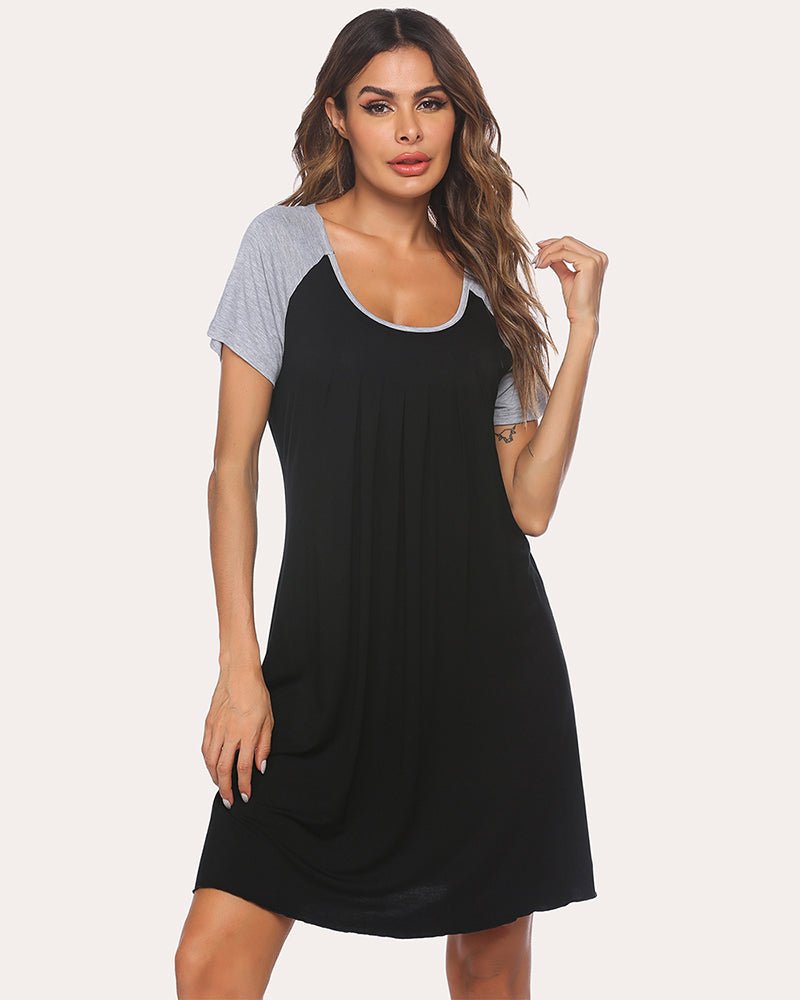 Ekouear Nightdress mit O-Neck, kurzen Ärmeln und weitem Schnitt, Kontrastgraue Ärmel (Black)