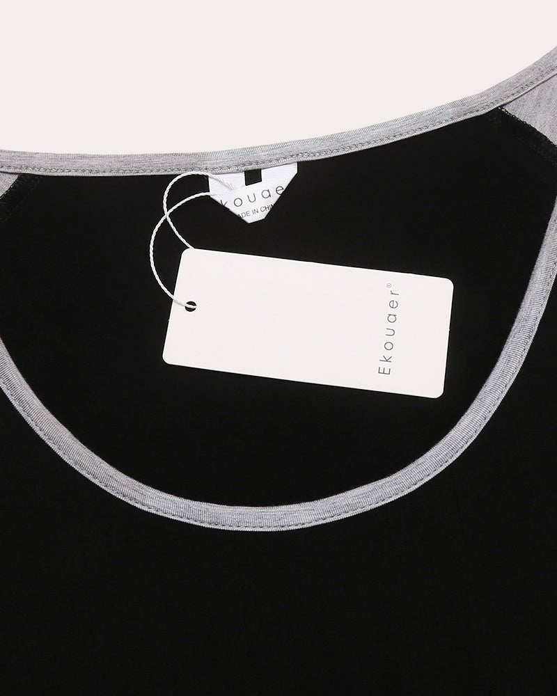 Detailaufnahme O-Neck Saum mit kontrastiertem Ring, Tag-Kennzeichnung am schwarzen Nachthemd (Black)