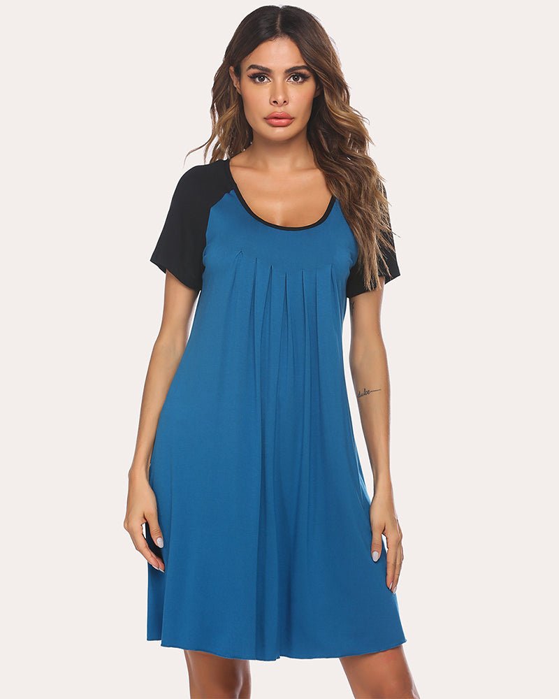 Ekouear Nachthemd O-Neck, kurze Ärmel mit Kontrast: blaues Kleid mit schwarzer Schulter (Navy)