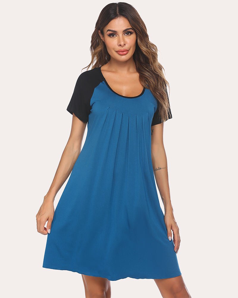 Ekouear Nachtkleid mit O-Neck und A-Linie, blau mit schwarzen Kurzarmärmel (Navy Blue)