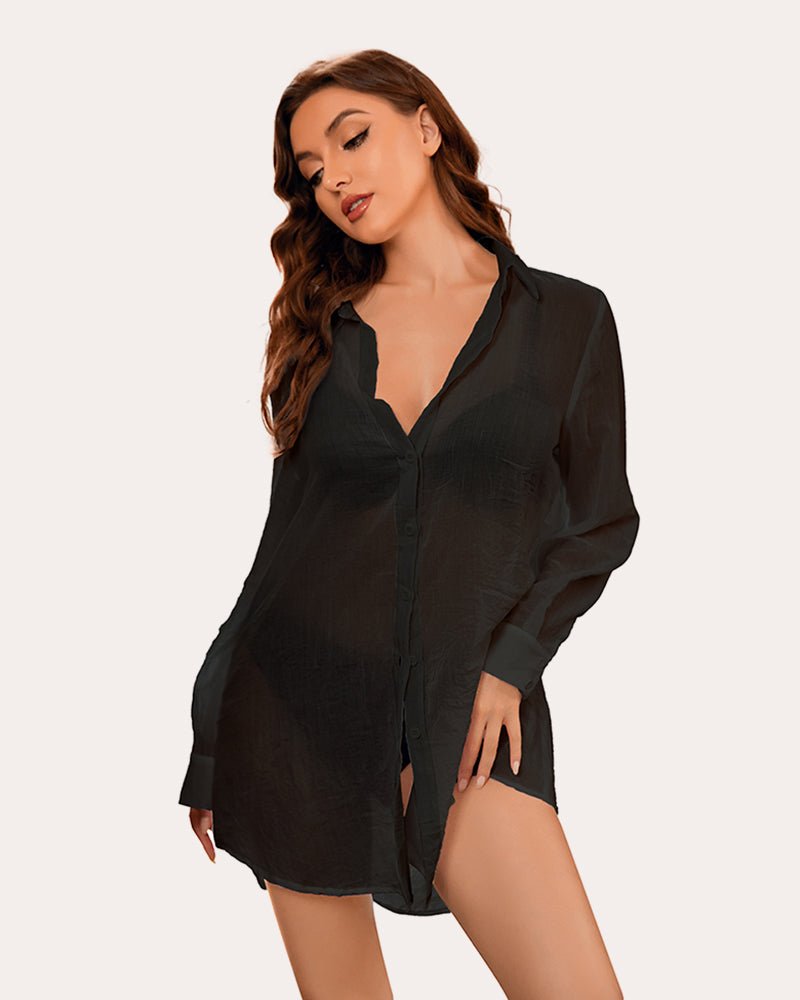 Black long-sleeve button-front nightshirt with V-neck and slightly flared hem