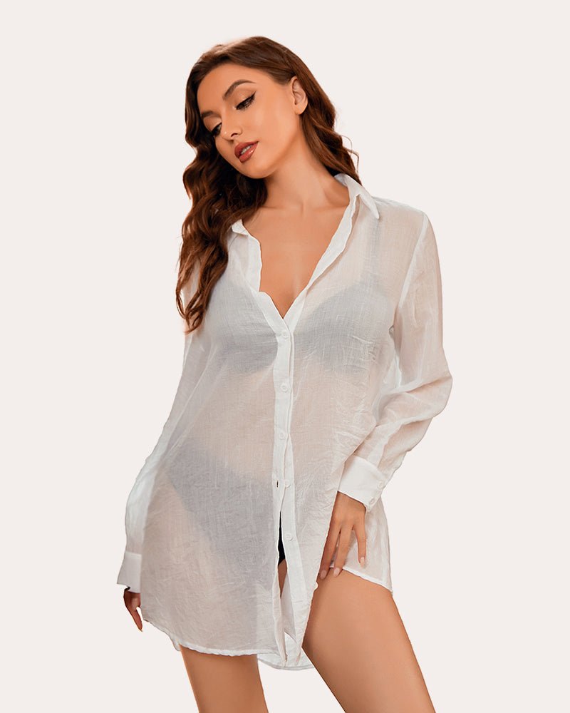 White long-sleeve button-front nightshirt with V-neck and slightly flared hem
