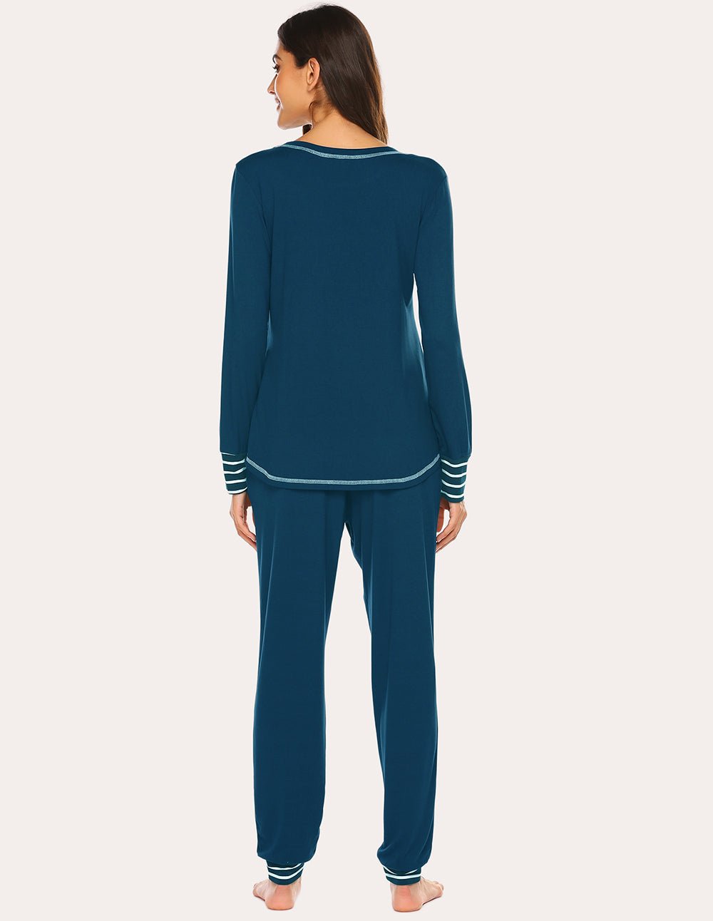 Classic Pajamas Set, blue long-sleeve top and matching jogger pants with striped trim
