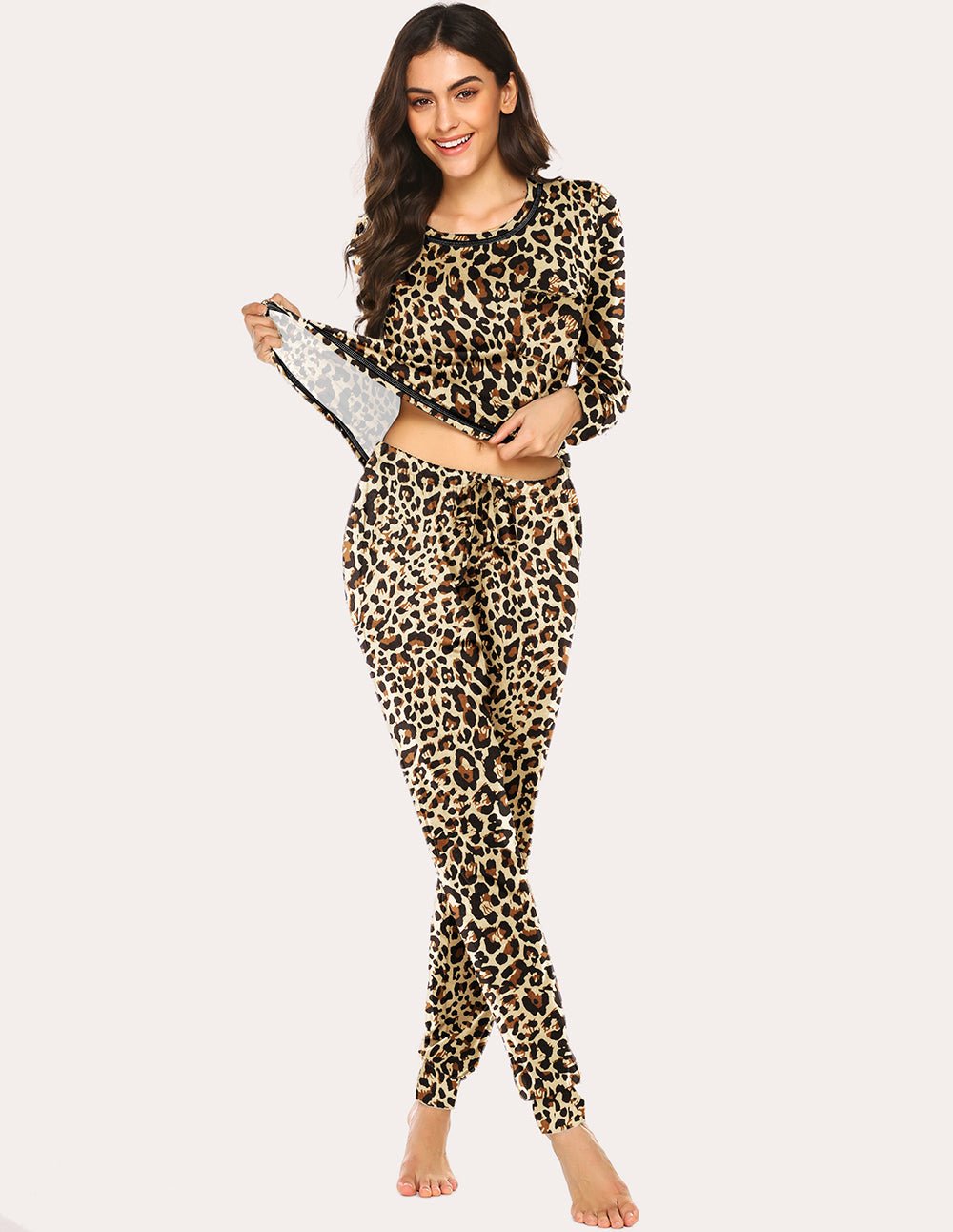 Classic Pajamas Set, leopard print crop-top style and fitted jogger pants