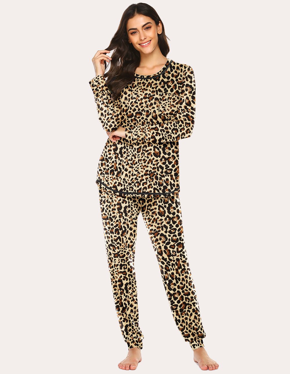 Classic Pajamas Set, leopard print long-sleeve top and matching jogger pants