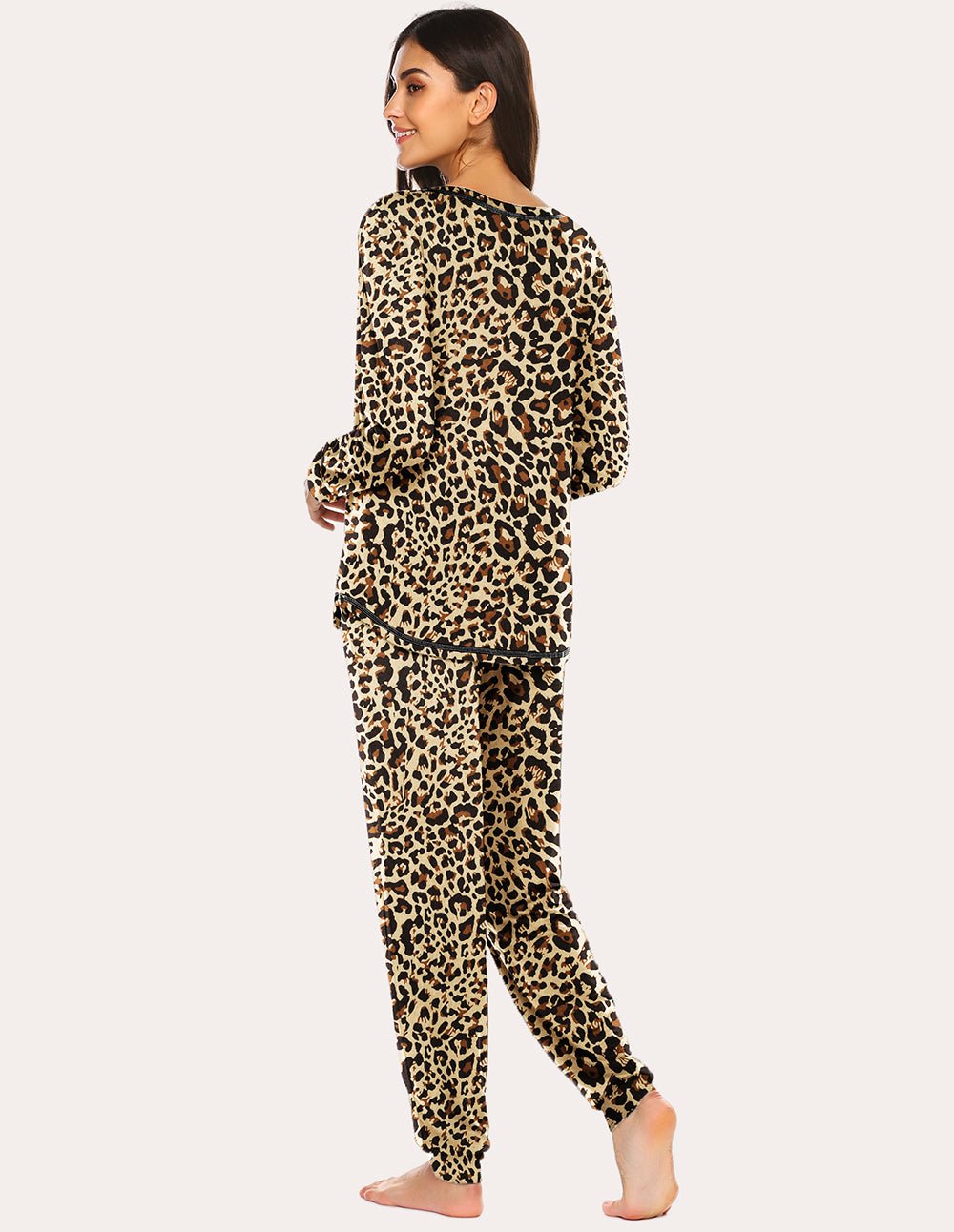 Classic Pajamas Set, leopard print long-sleeve top and jogger pants, back view