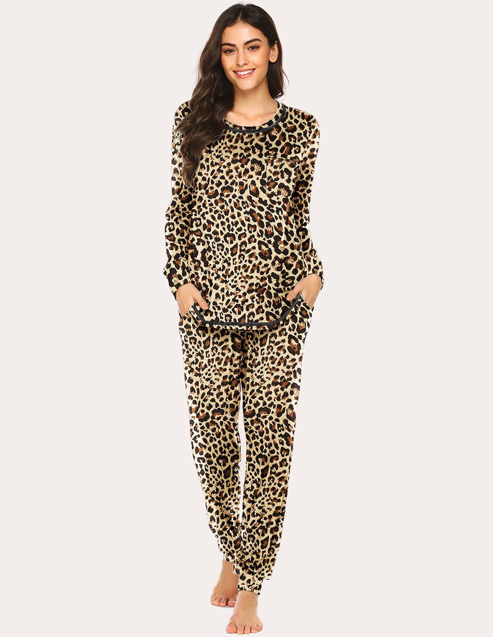 Classic Pajamas Set, leopard print long-sleeve top with matching drawstring jogger pants