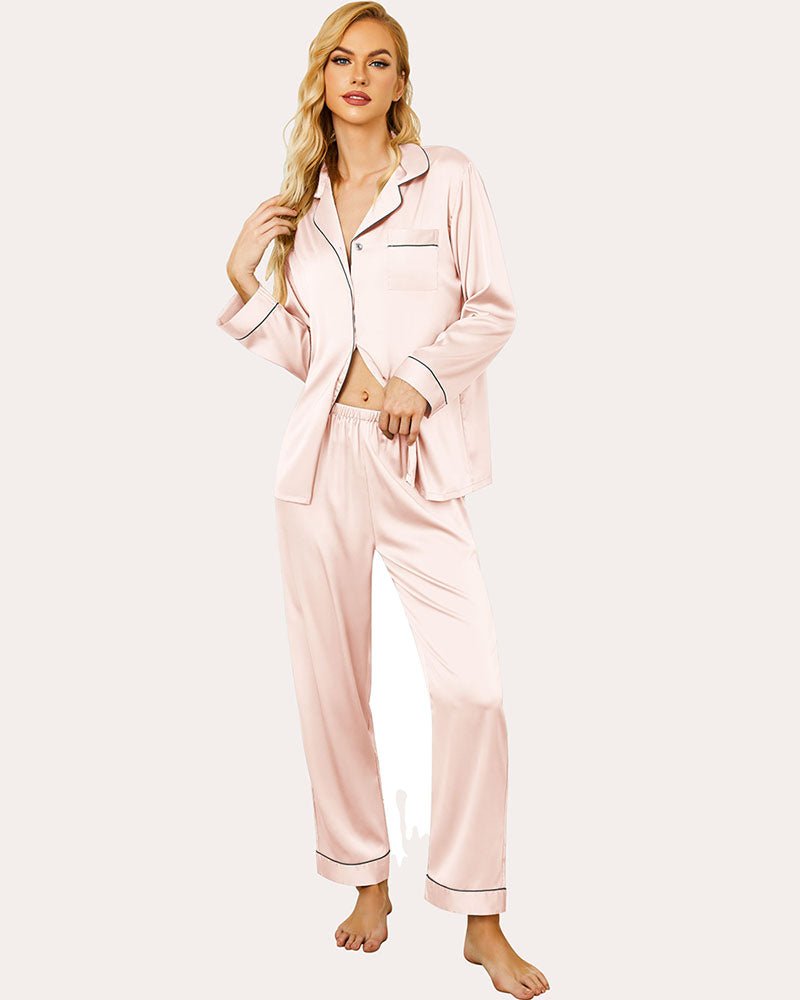 Soft pink satin pajama set with collared button front shirt and matching pants