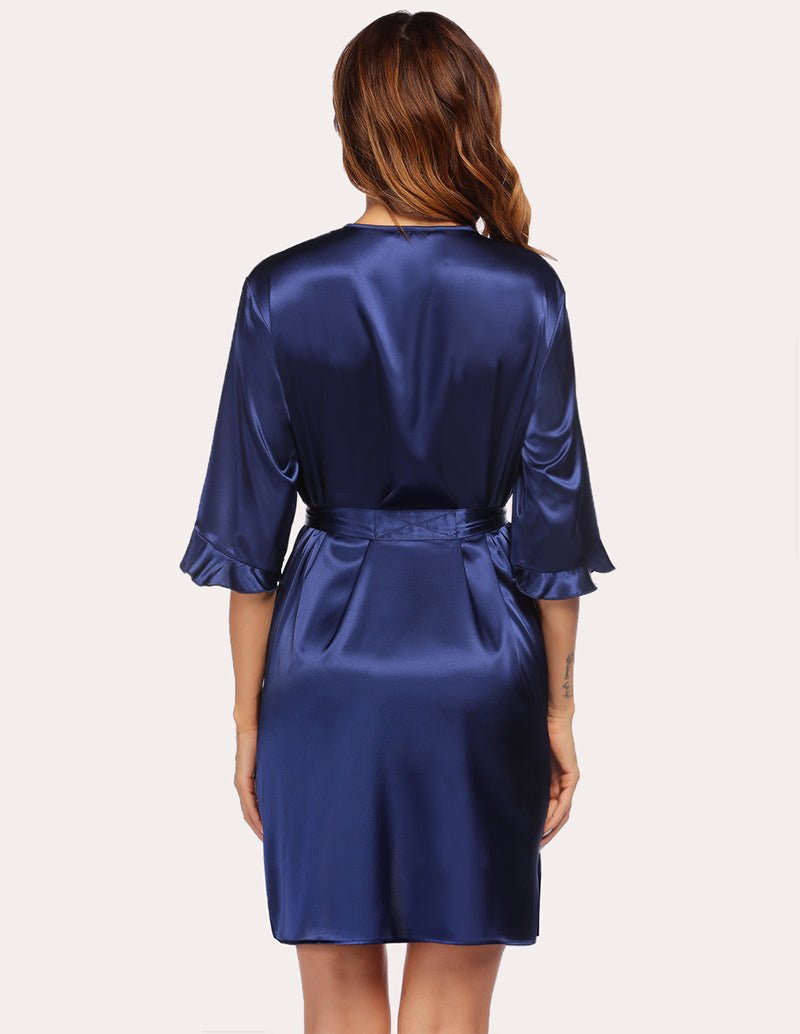 Navy satin robe back view with waist tie and half-length bell sleeves