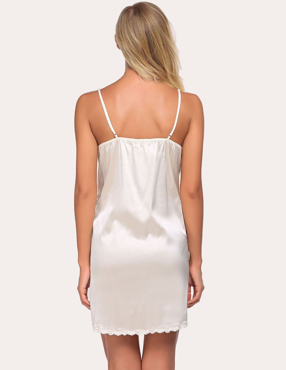 Satin lace-trim slip nightgown, white back view, adjustable spaghetti straps