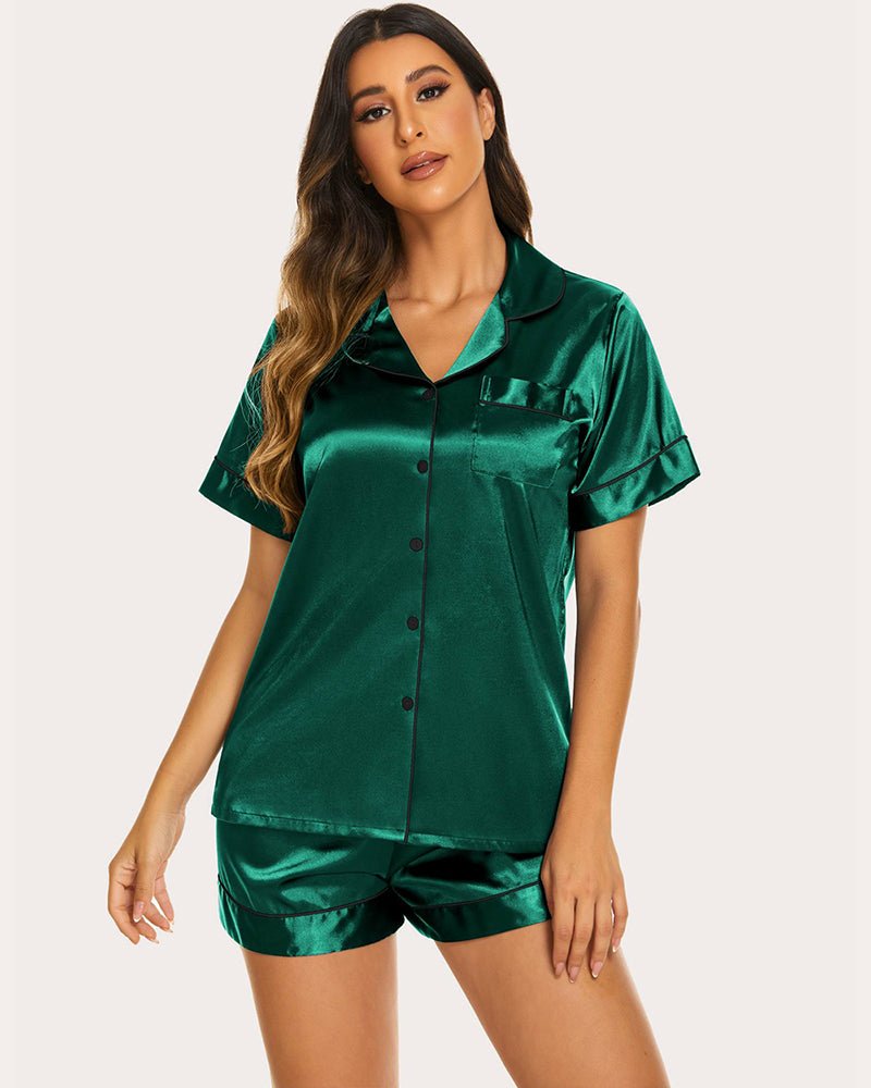 Dark green silk short pajama set with contrast piping: button-front shirt and elastic waist shorts
