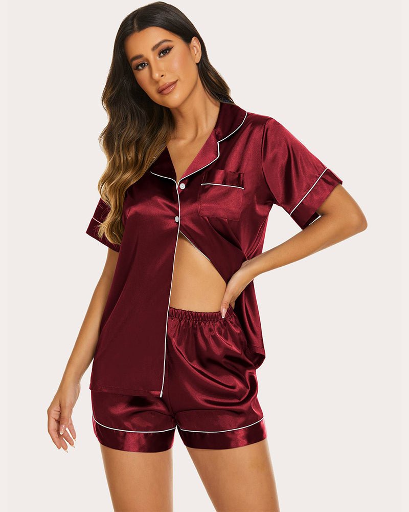 Burgundy silk short-sleeve top and shorts set with button front and contrast piping