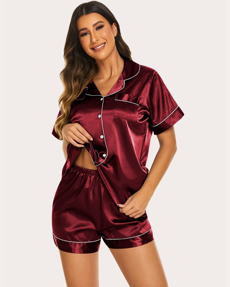 Burgundy silk short-sleeve pajama set with button-up top and elastic-waist shorts
