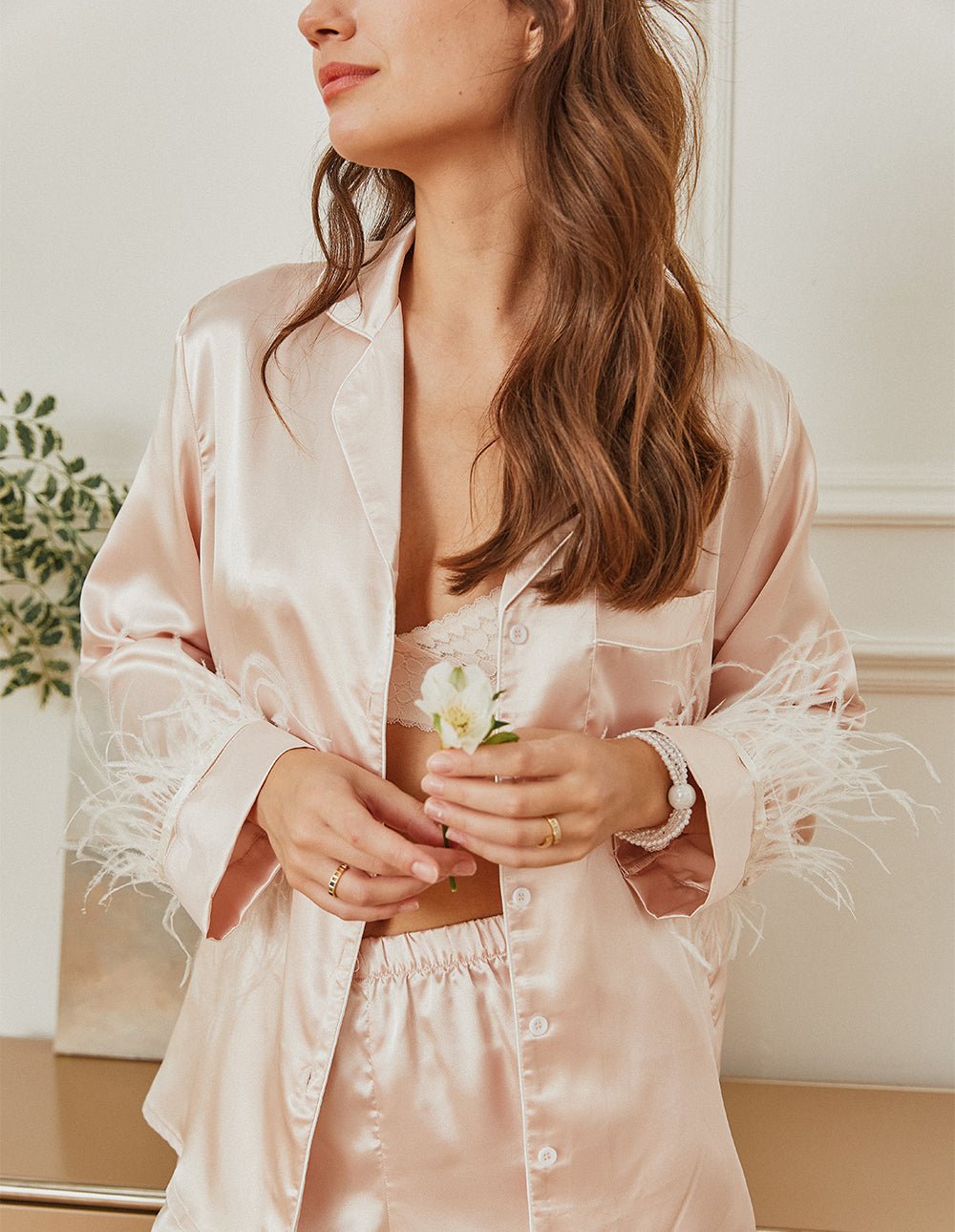 Feather-trim satin pajama set in cream, close-up of button front top and shorts