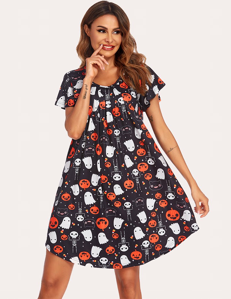 Halloween print A-line nightgown with pleated flare sleeves, dark base, round neckline