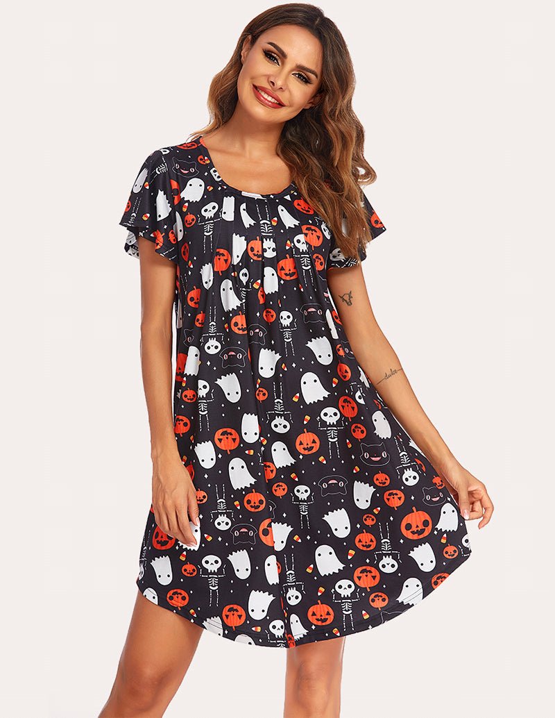 Halloween print A-line nightgown with short flutter sleeves, dark base, round neckline