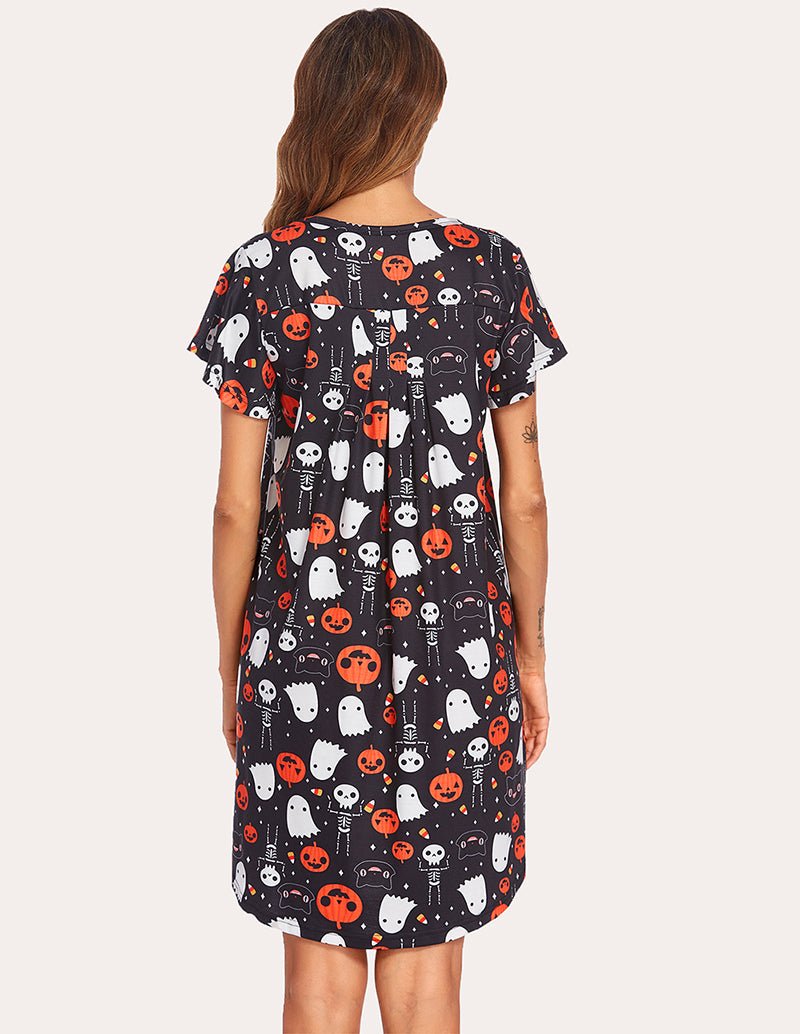 Halloween print A-line nightgown back view, dark base, short sleeves