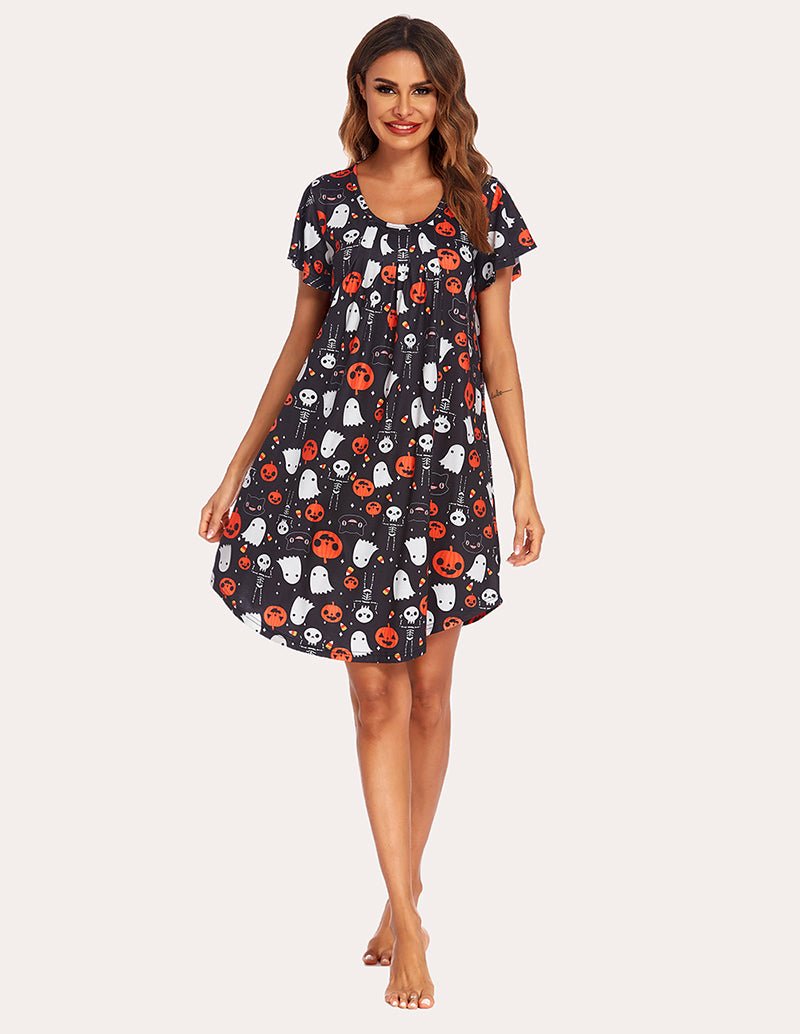 Halloween print A-line nightgown full length, dark base, short sleeves, round neckline