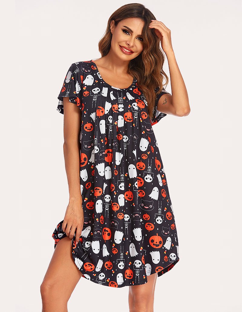 Halloween print A-line nightgown, short flutter sleeves, dark base, crew neckline