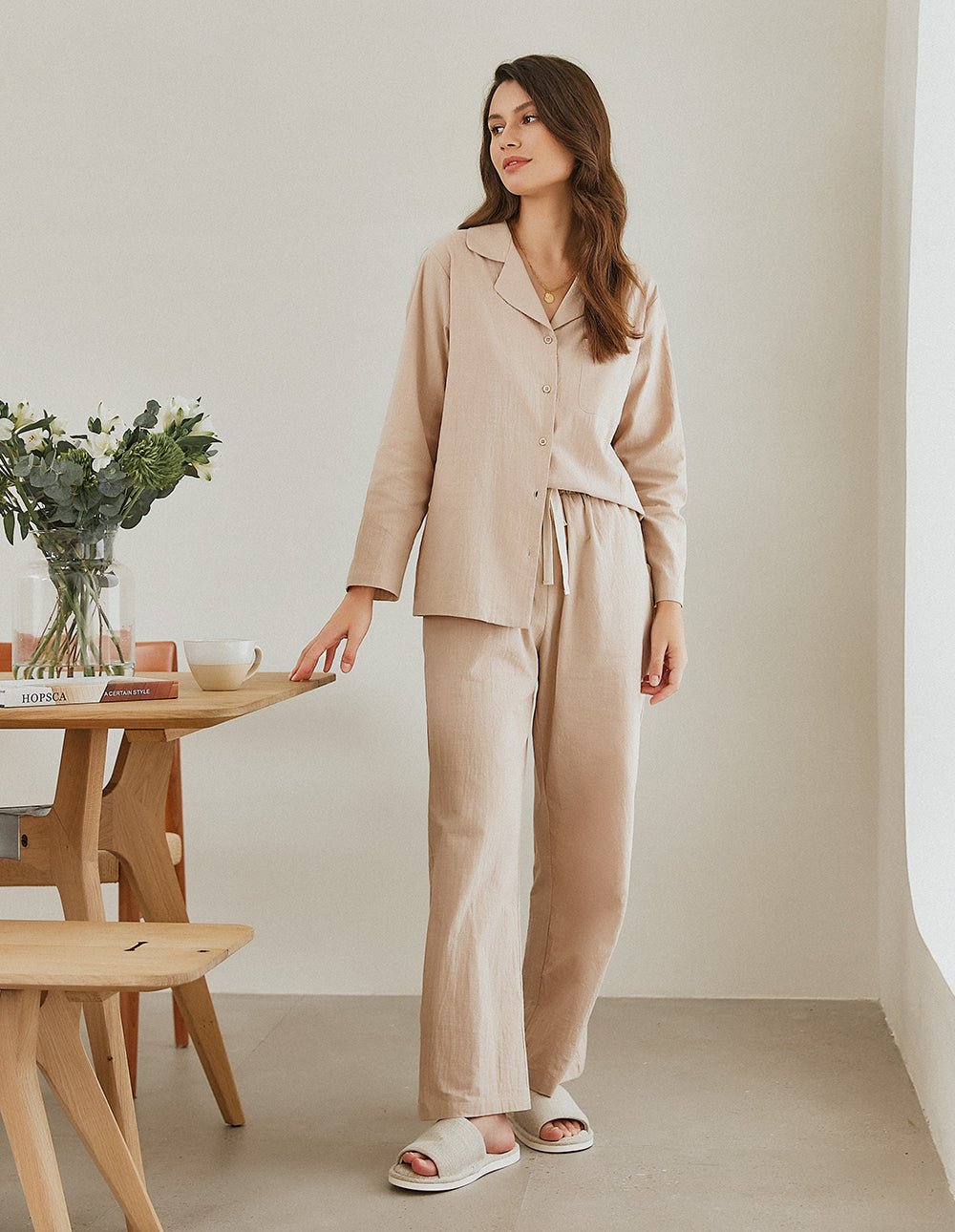 Cotton-linen pajama set in khaki: button-up shirt with collar and drawstring pants