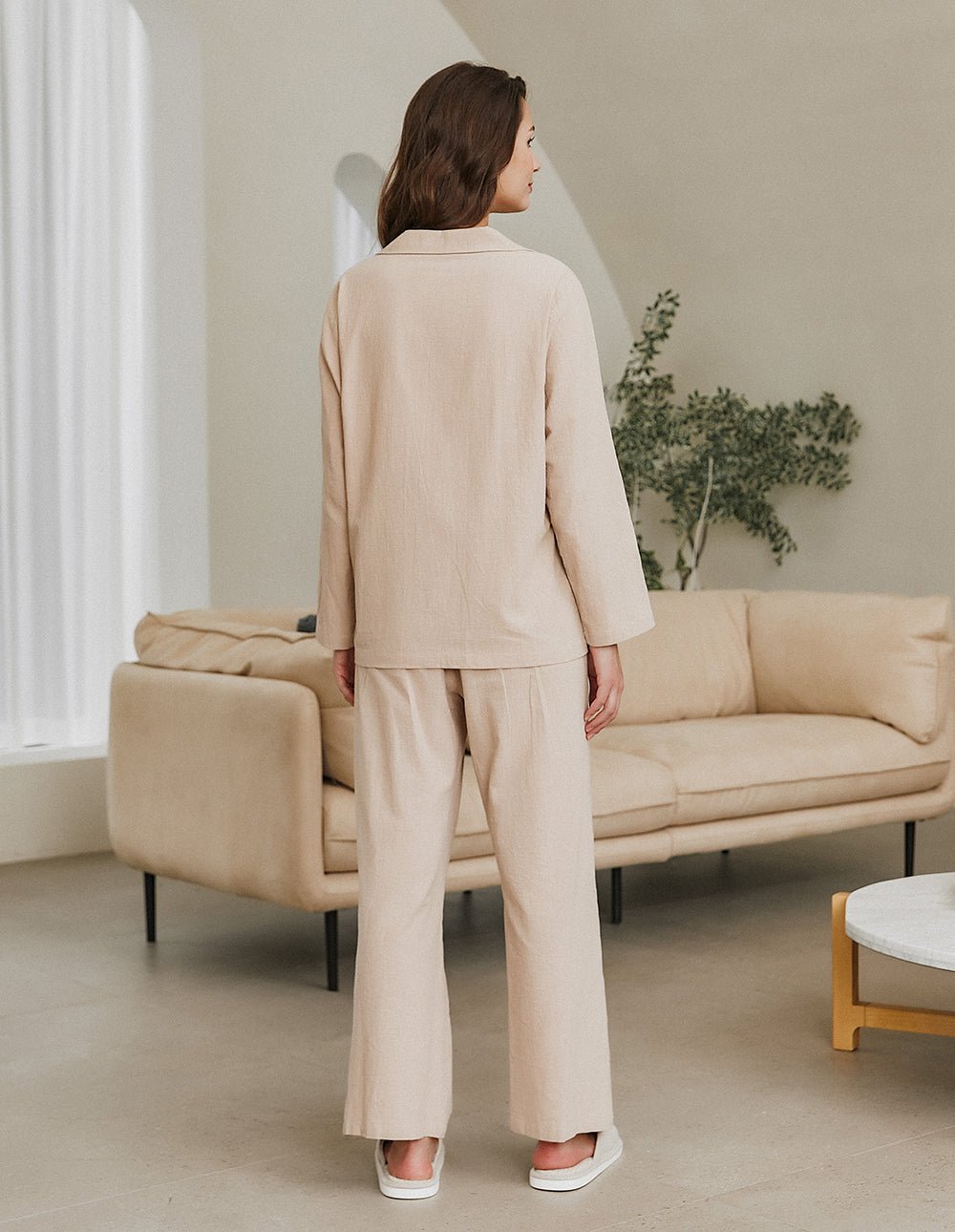 Cotton-linen pajama set in khaki, back view: button-up top and drawstring wide-leg pants