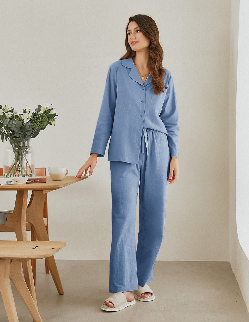 Cotton-linen pajama set in blue: button-up shirt with collar and drawstring wide-leg pants