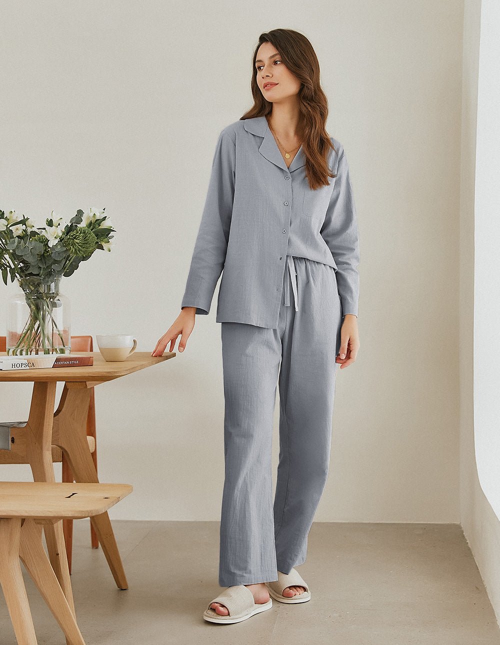 Cotton-linen pajama set in blue, full front view: button-up top and drawstring wide-leg pants