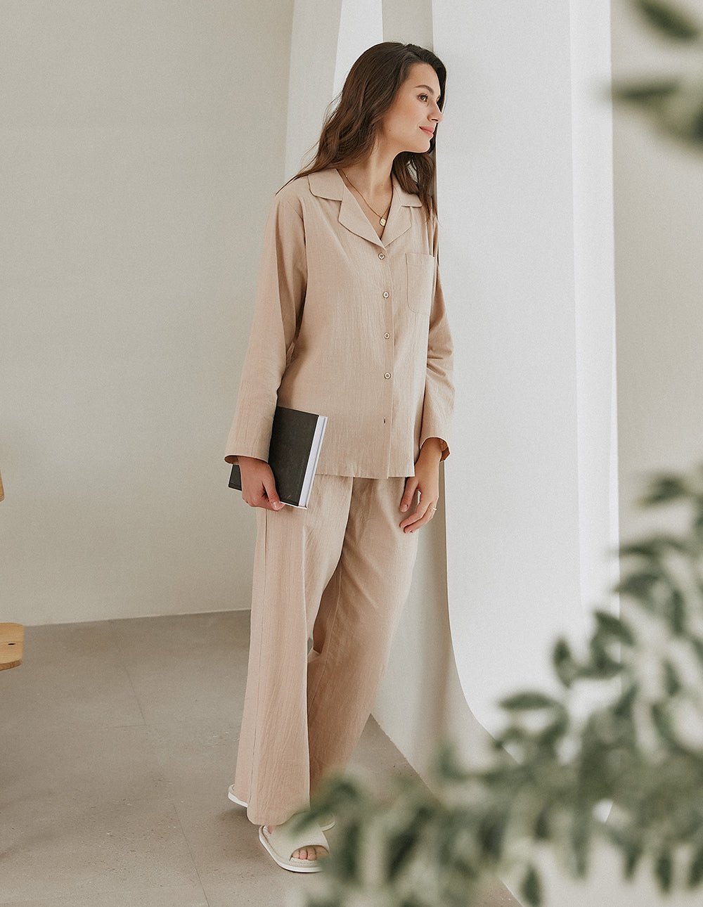 Cotton-linen pajama set in khaki: long-sleeve button-up shirt and wide-leg drawstring pants