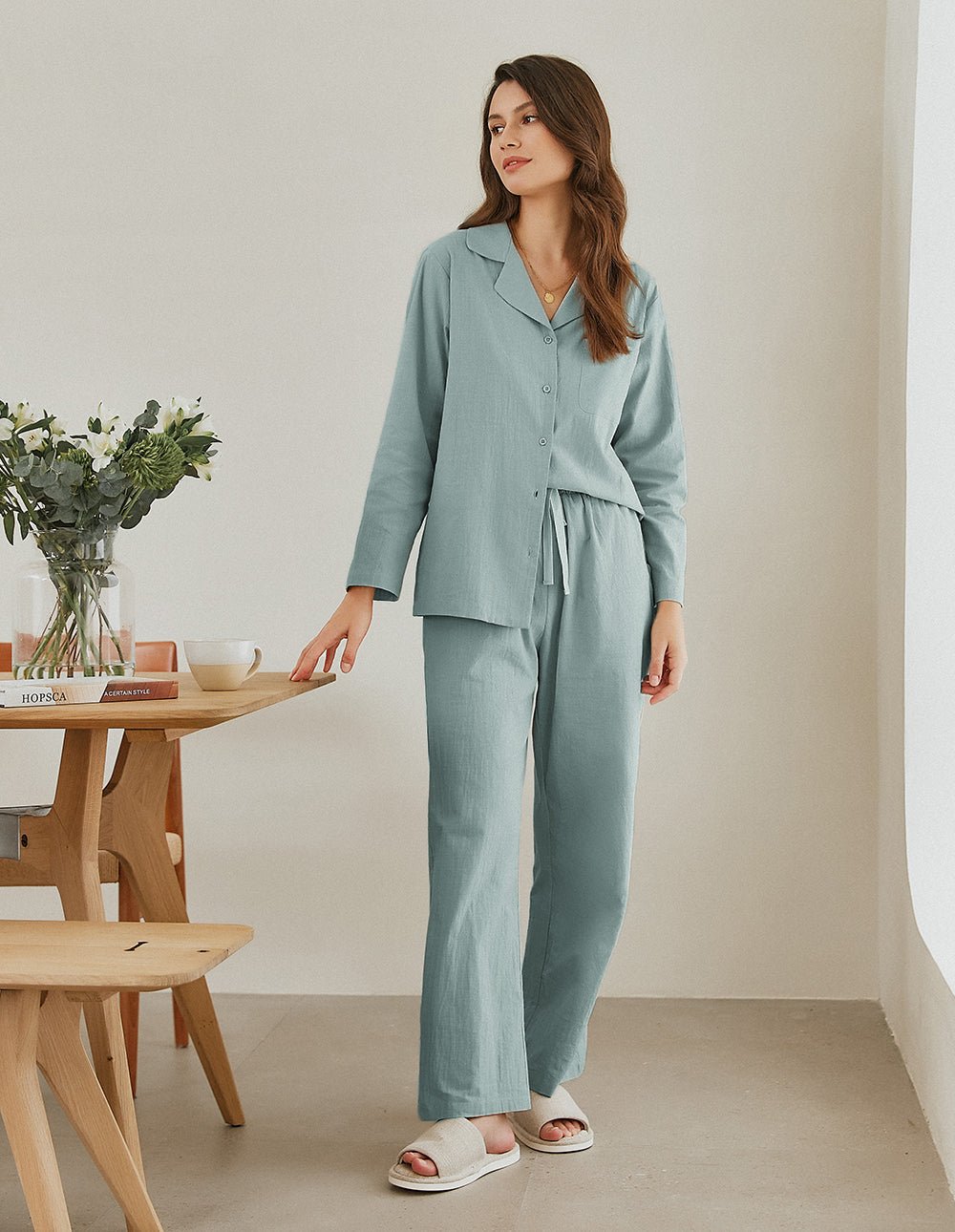 Cotton-linen pajama set in light green: button-up shirt with collar and drawstring pants