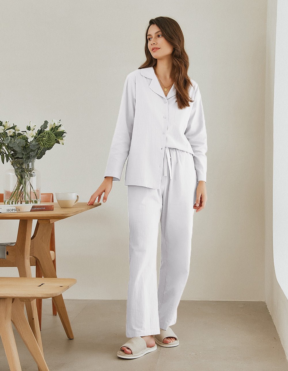 Cotton-linen pajama set in white: button-up shirt with collar and drawstring wide-leg pants