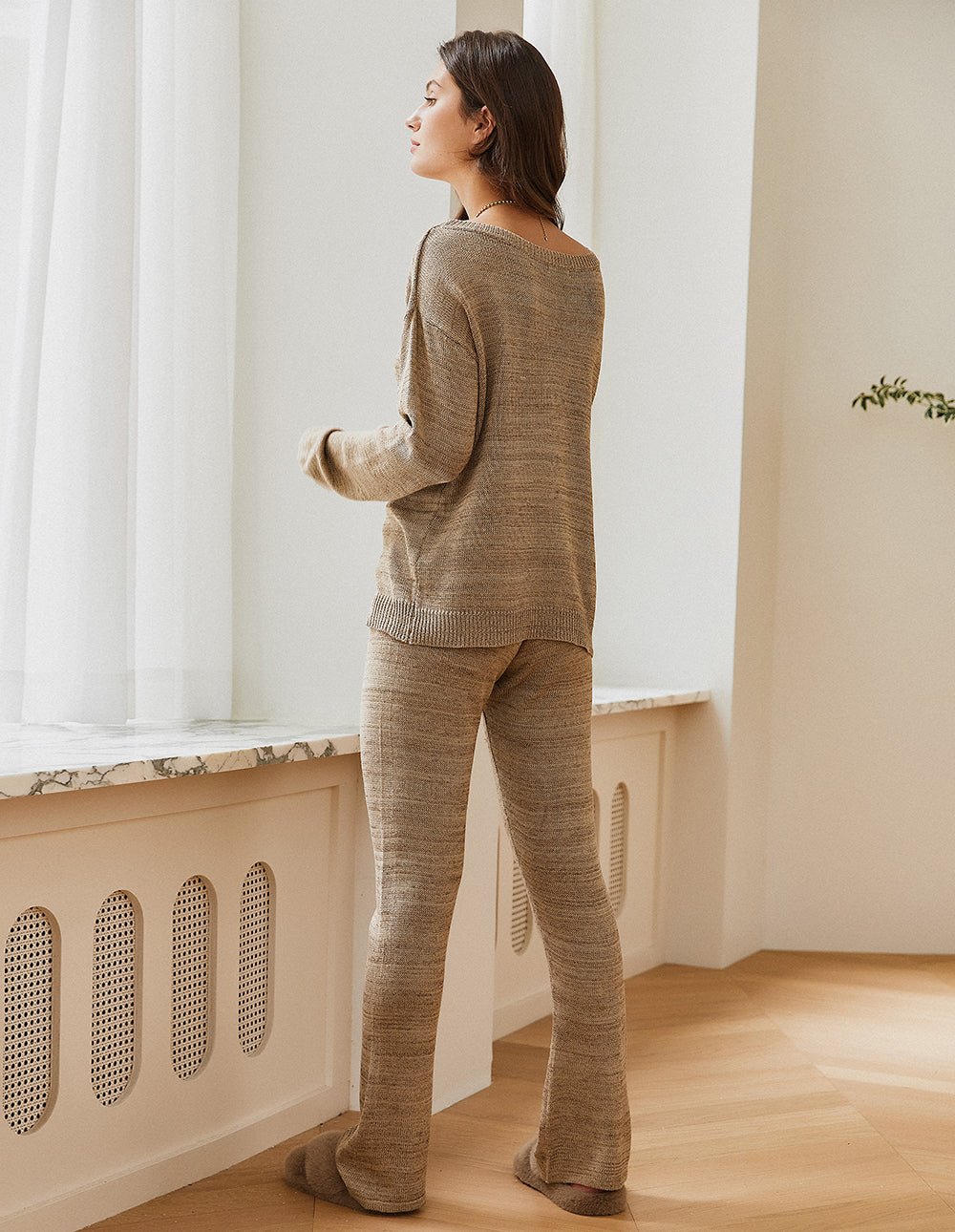 Back view khaki knit lounge set with long sleeves and straight matching pants