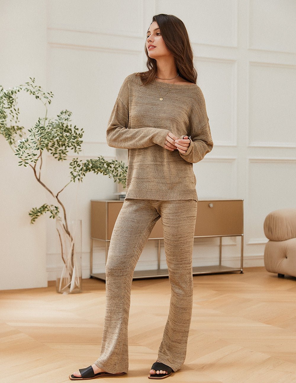 Khaki knit lounge set: long-sleeve off-shoulder sweater and matching slim pants