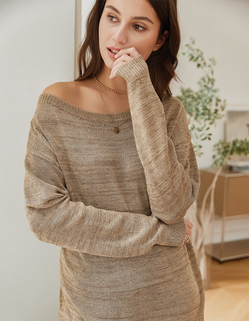 Khaki knit lounge set off-shoulder long-sleeve top with textured weave