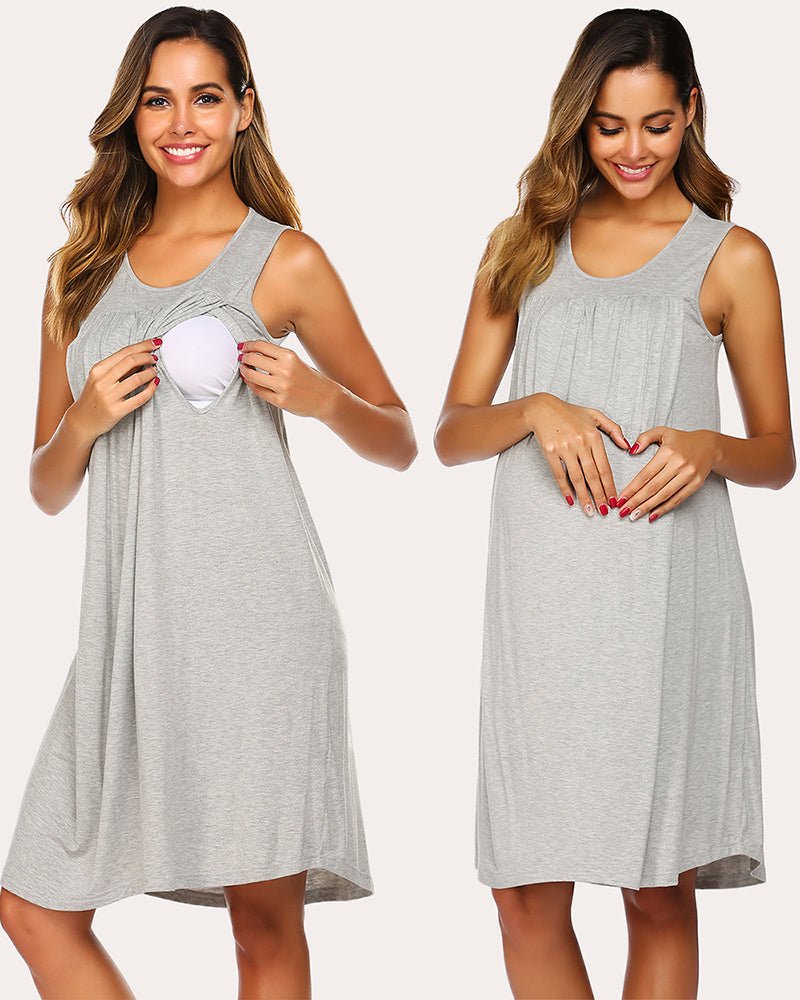 Light grey sleeveless maternity dress with nursing opening at bust and A-line skirt