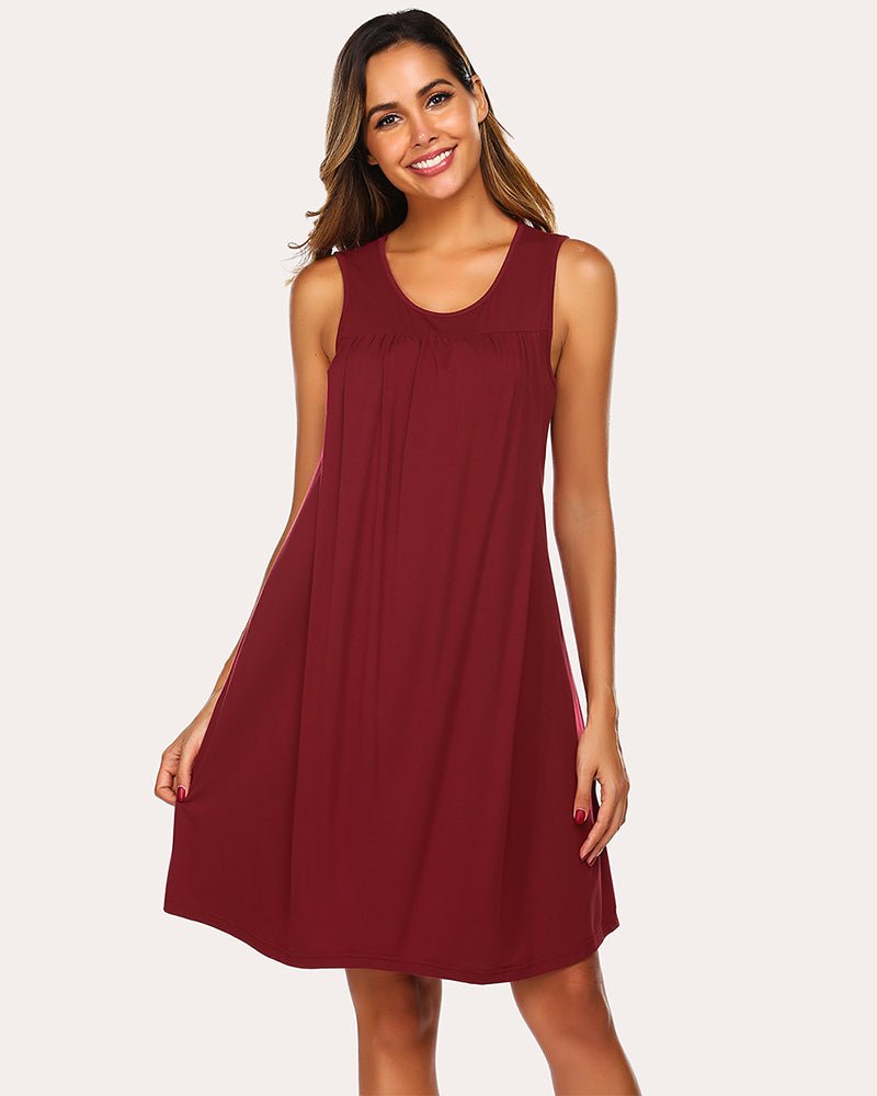 Wine red sleeveless maternity dress with round O-neck and flared hem