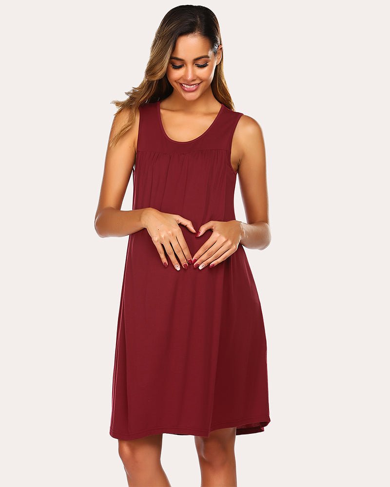 Wine red sleeveless maternity dress with round O-neck and soft gathered bust