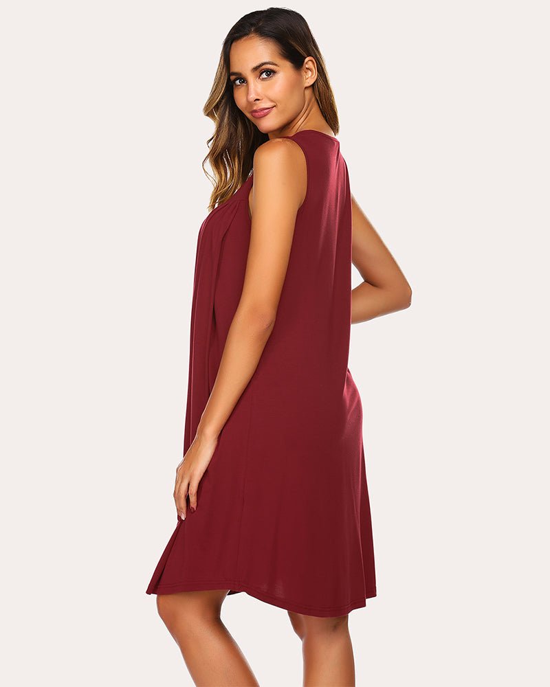 Wine red sleeveless maternity dress with round O-neck and side drape detail