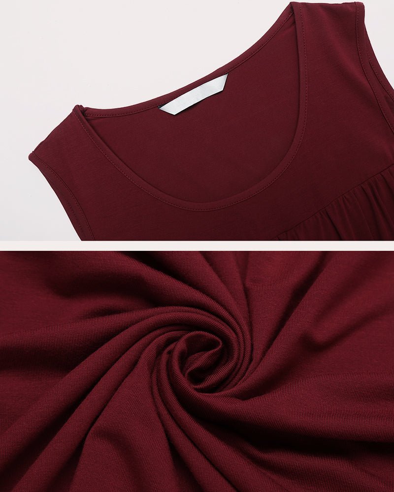 Wine red sleeveless dress fabric close-up with round neckline stitching